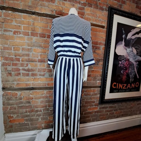 VTG Mollie Parnis Jumpsuit Navy White Stripes Belt Dolman Sleeves 1970s Size S - Picture 9 of 11